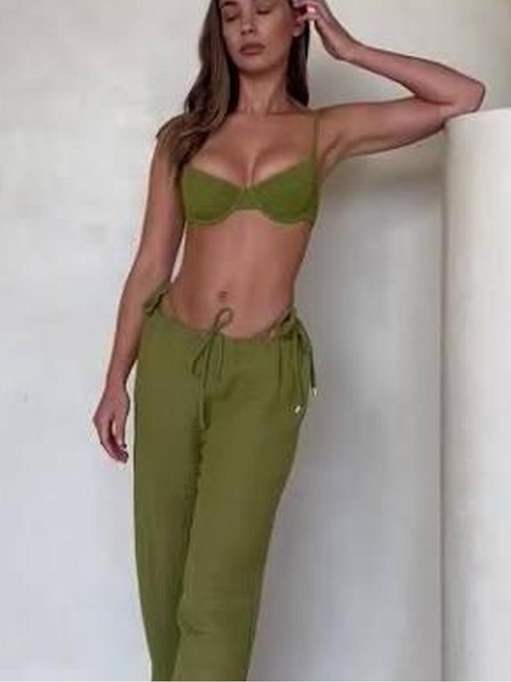 Monday swimwear Belize drawstring Olive green linen wide leg pants